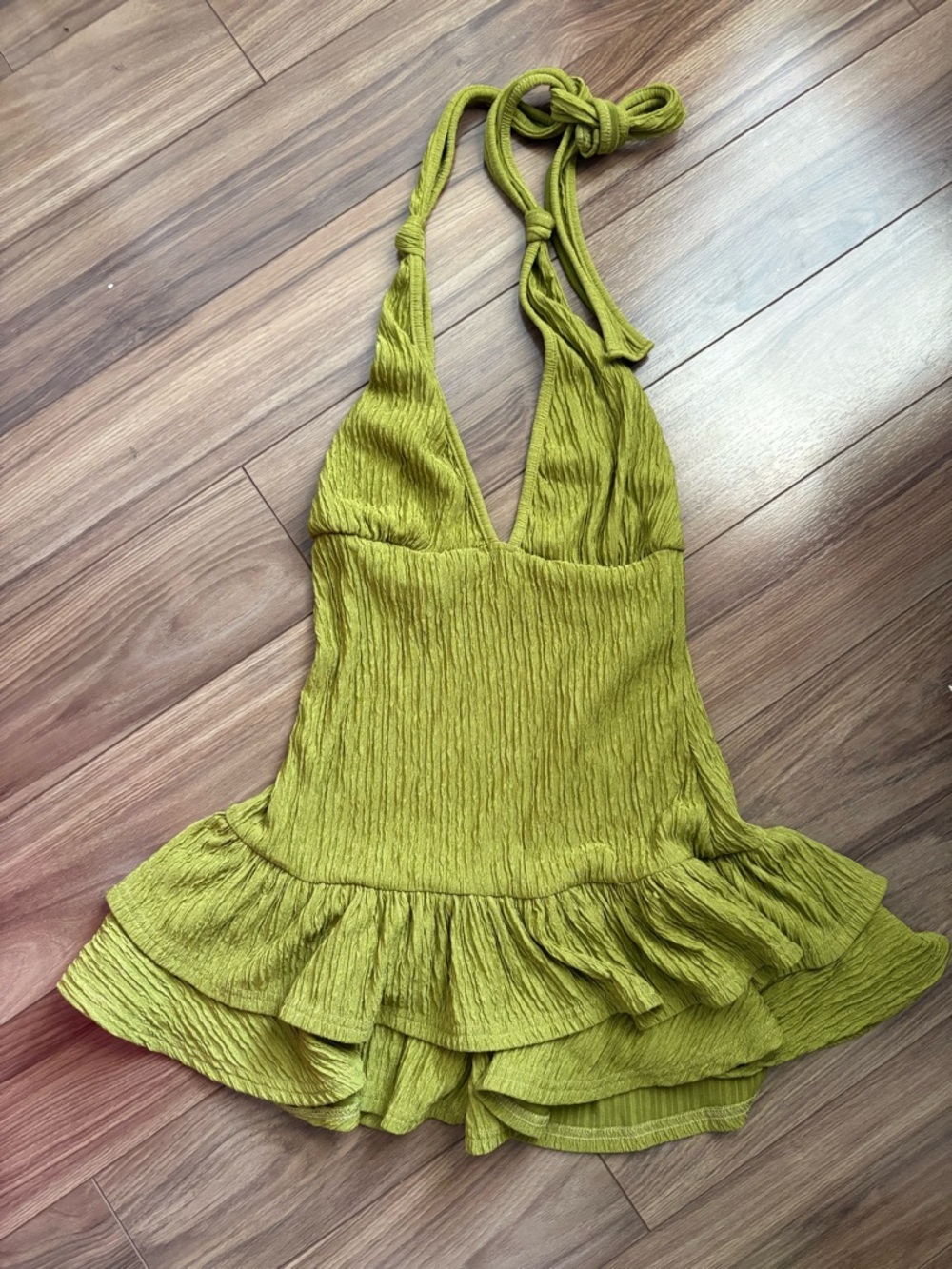 Green Crinkle Halter Mini Dress